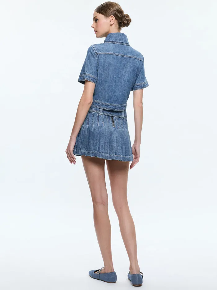 Mera Low Rise Pleated Skirt with Buckle | Avery Blue Denim