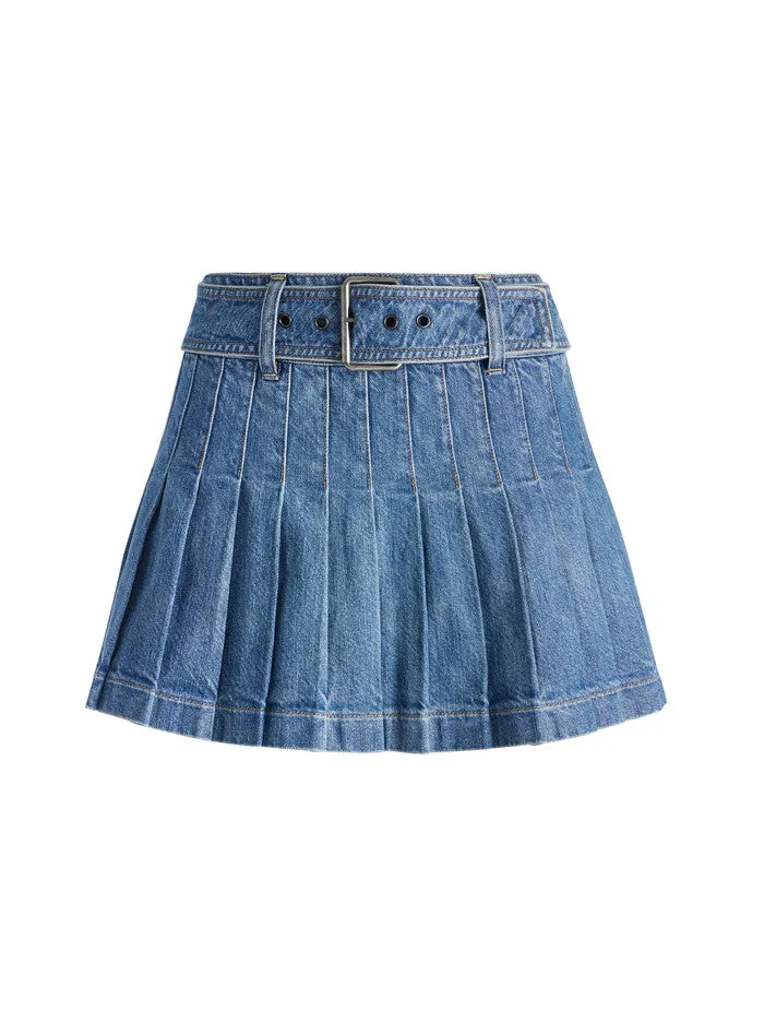 Mera Low Rise Pleated Skirt with Buckle | Avery Blue Denim