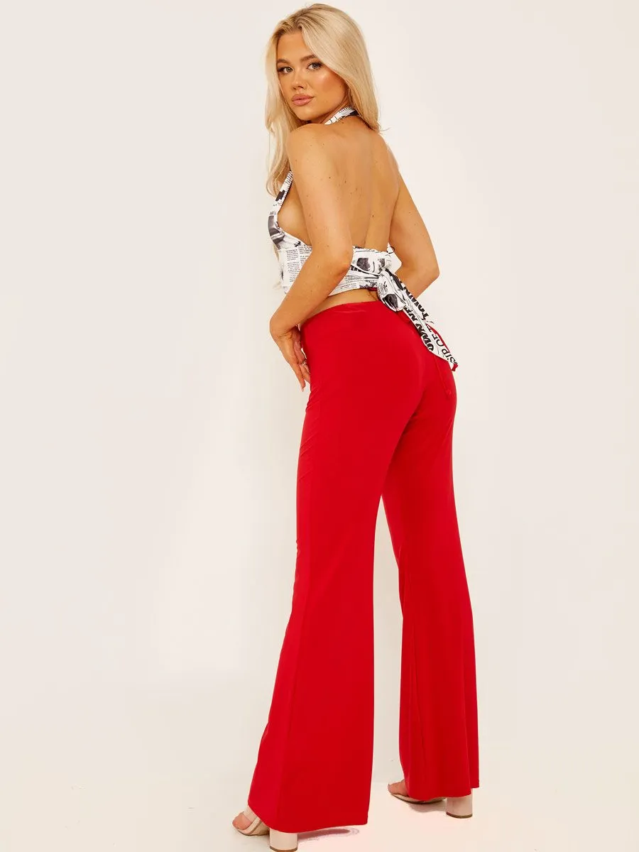 Micia Slinky Ruched Tie Waist Wide Leg Trousers In Red