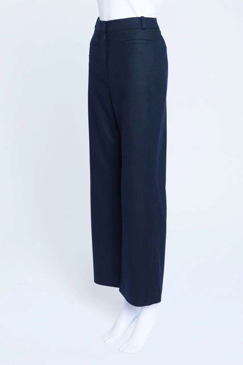 Navy Blue Boiled Wool Wide Leg Trousers