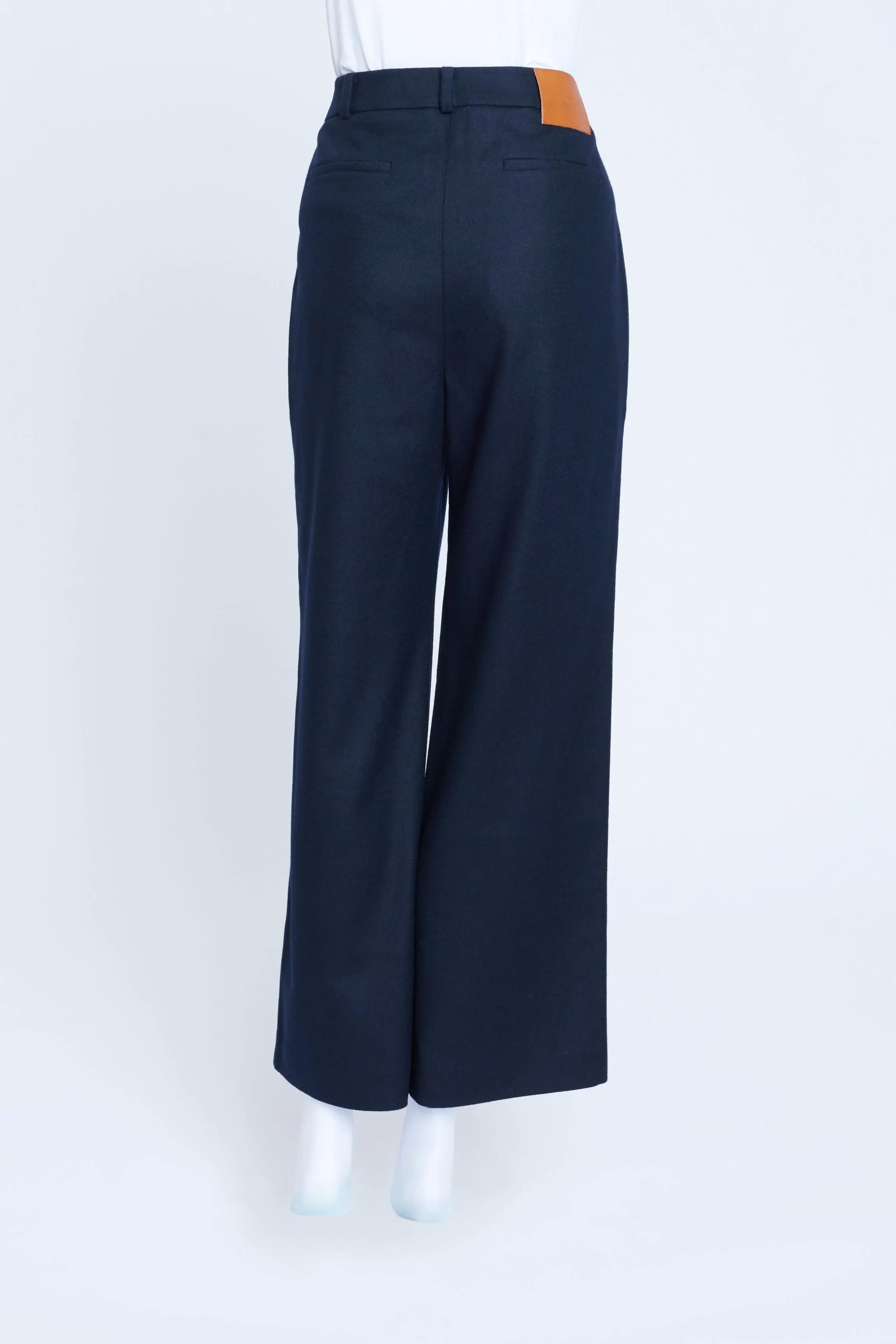 Navy Blue Boiled Wool Wide Leg Trousers