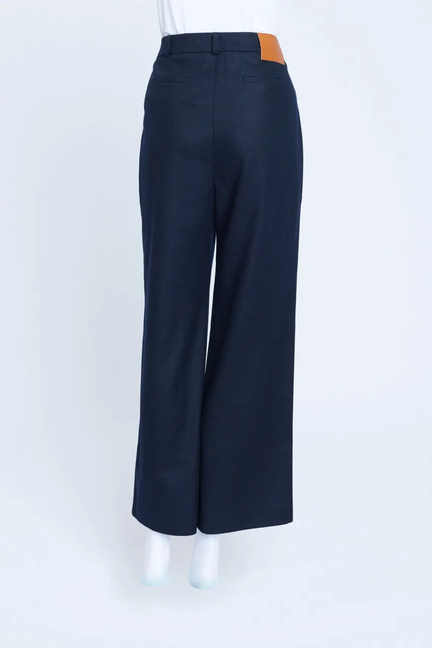 Navy Blue Boiled Wool Wide Leg Trousers