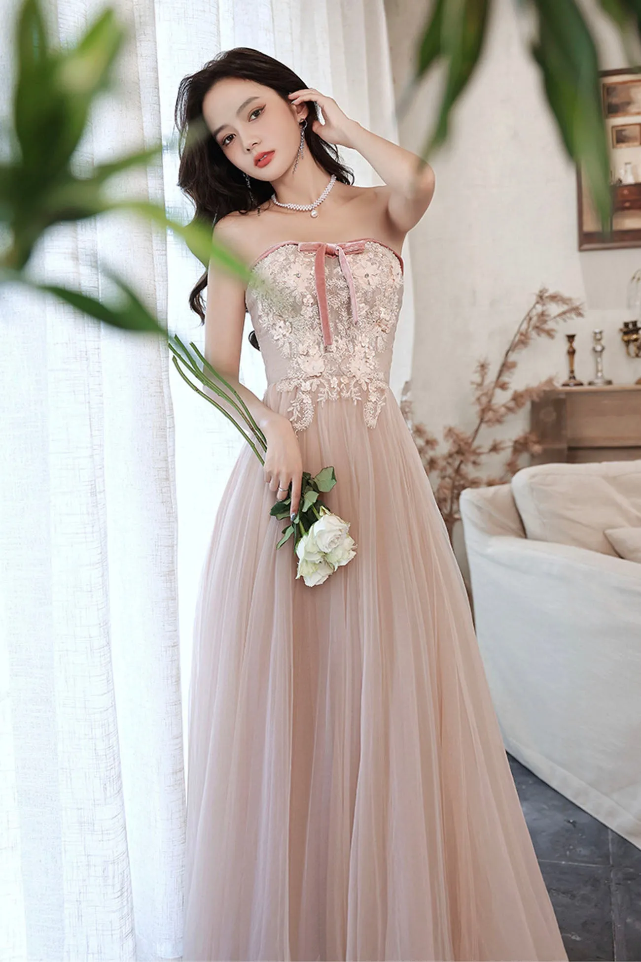 Pink Off the Shoulder Lace Evening Dress, A-Line Prom Party Dress