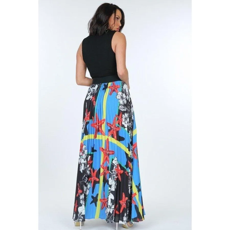 Pleated Print Maxi Skirt With Leather Waist Band