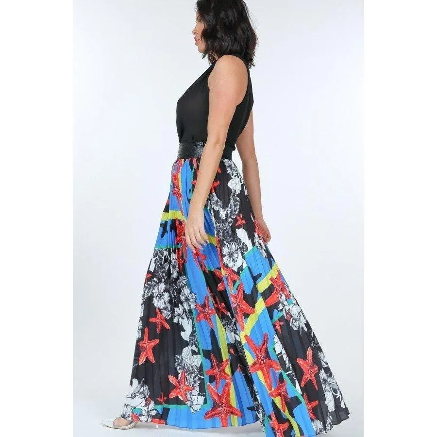 Pleated Print Maxi Skirt With Leather Waist Band