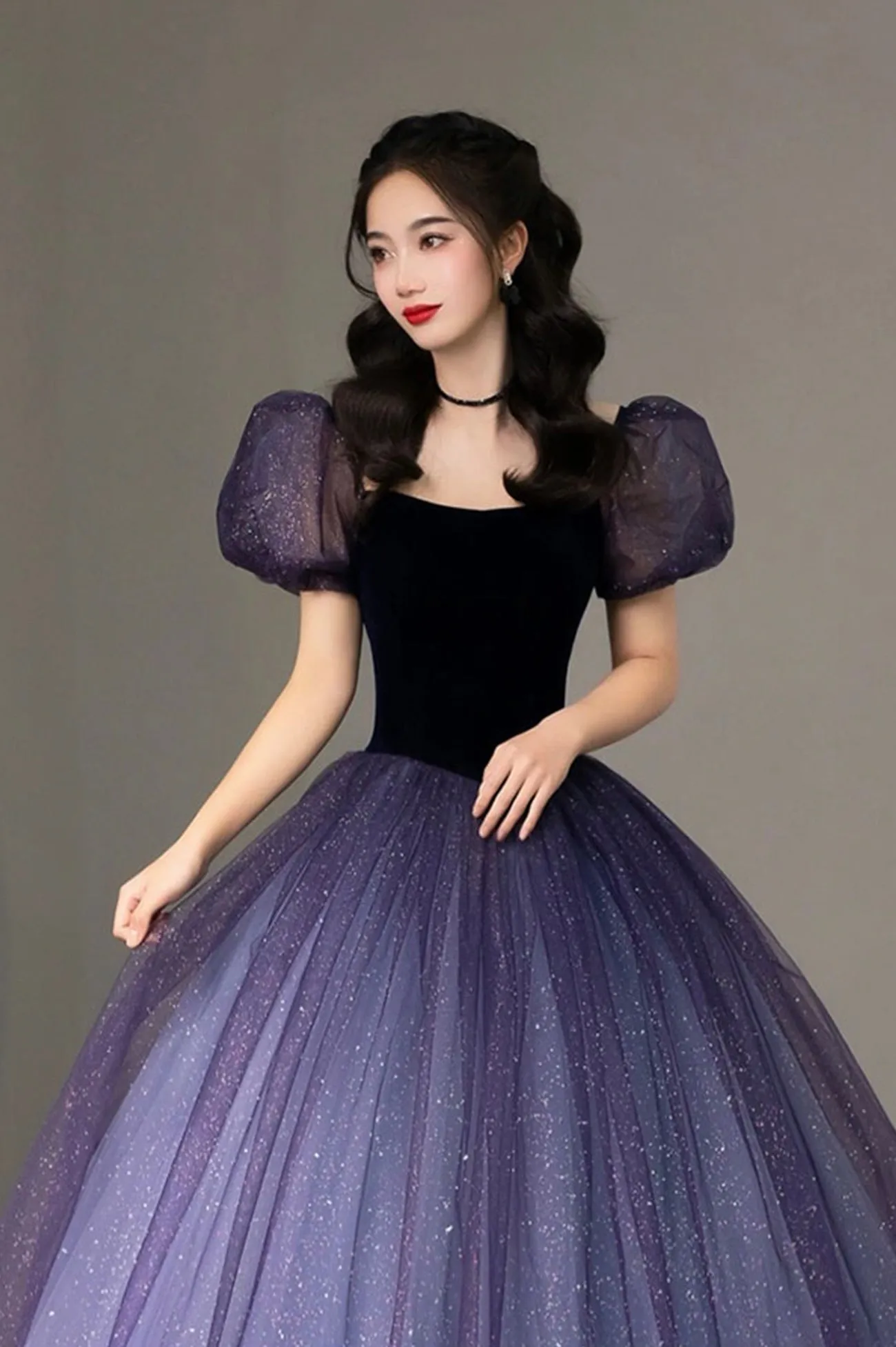 Purple Tulle Floor Length Prom Dress, Lovely A-Line Short Sleeve Evening Dress