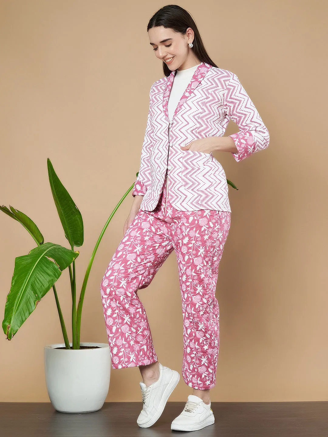 Quilted Pink Chevron Blazer & Trouser Set for Women