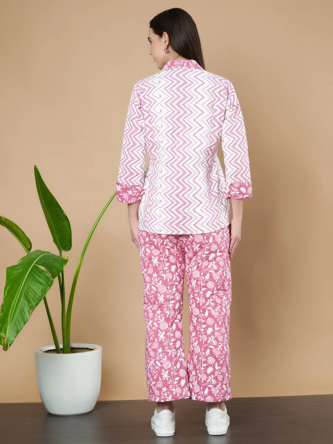 Quilted Pink Chevron Blazer & Trouser Set for Women
