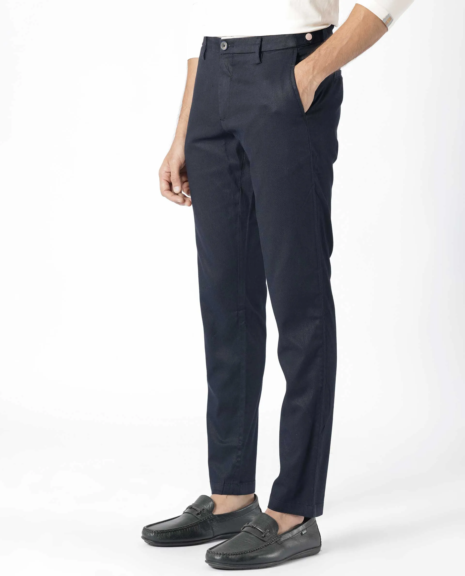 Rare Rabbit Men's Cellular Navy Solid Mid-Rise Regular Fit Twill Trouser