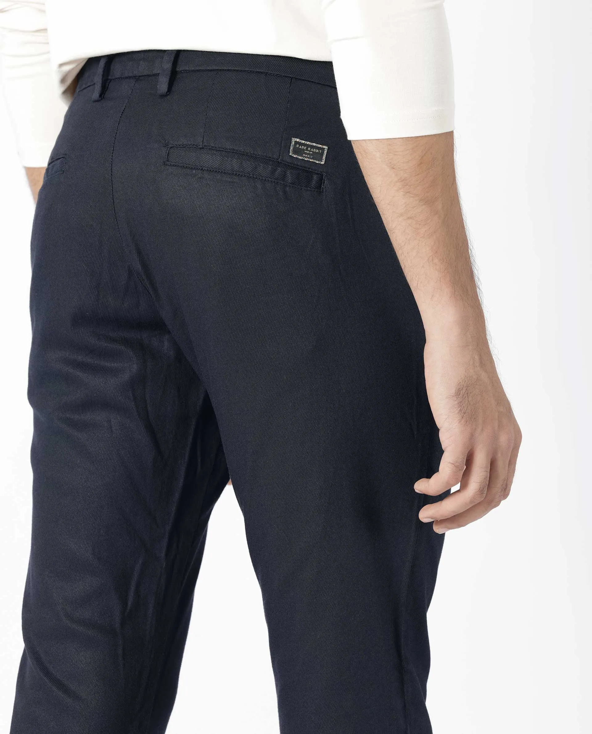 Rare Rabbit Men's Cellular Navy Solid Mid-Rise Regular Fit Twill Trouser