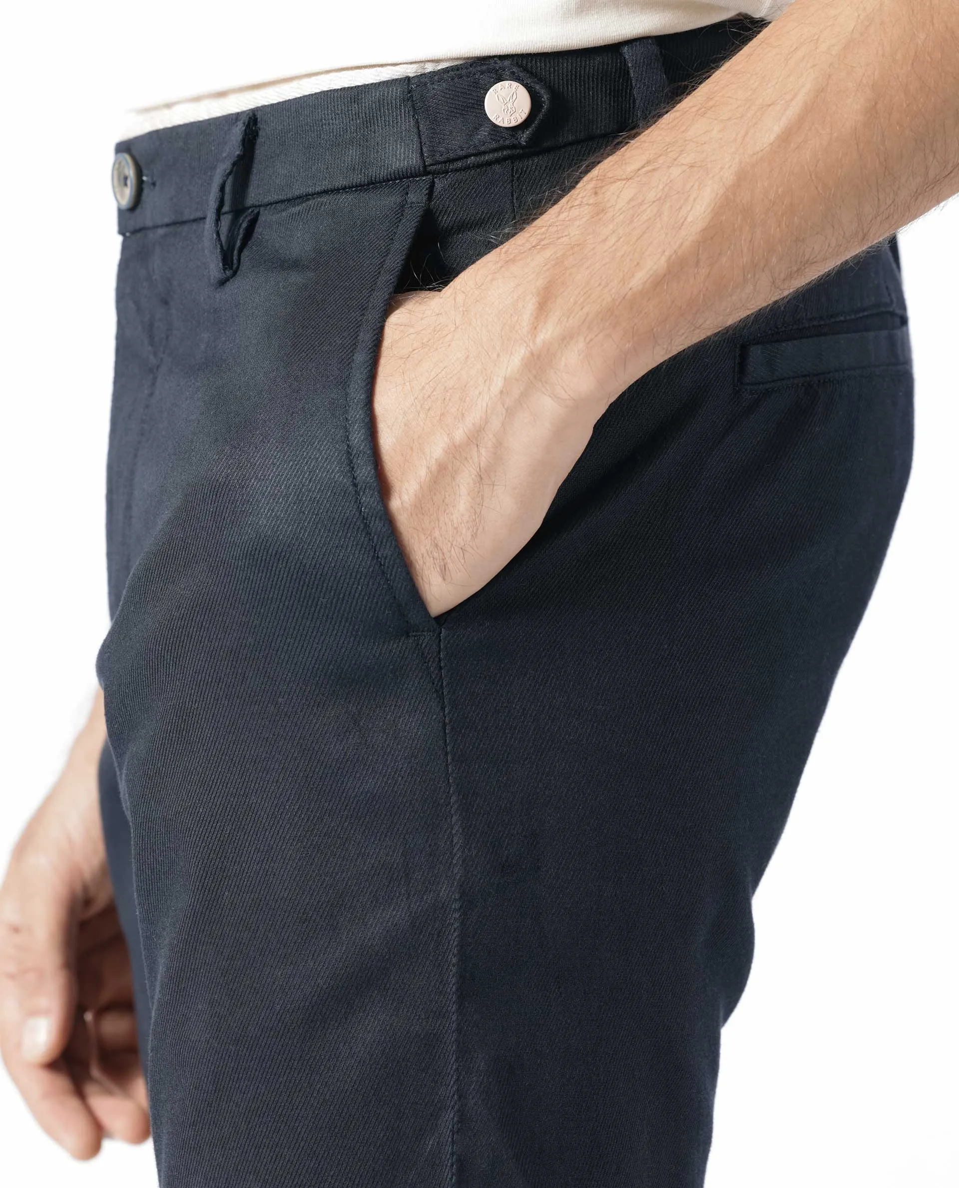 Rare Rabbit Men's Cellular Navy Solid Mid-Rise Regular Fit Twill Trouser