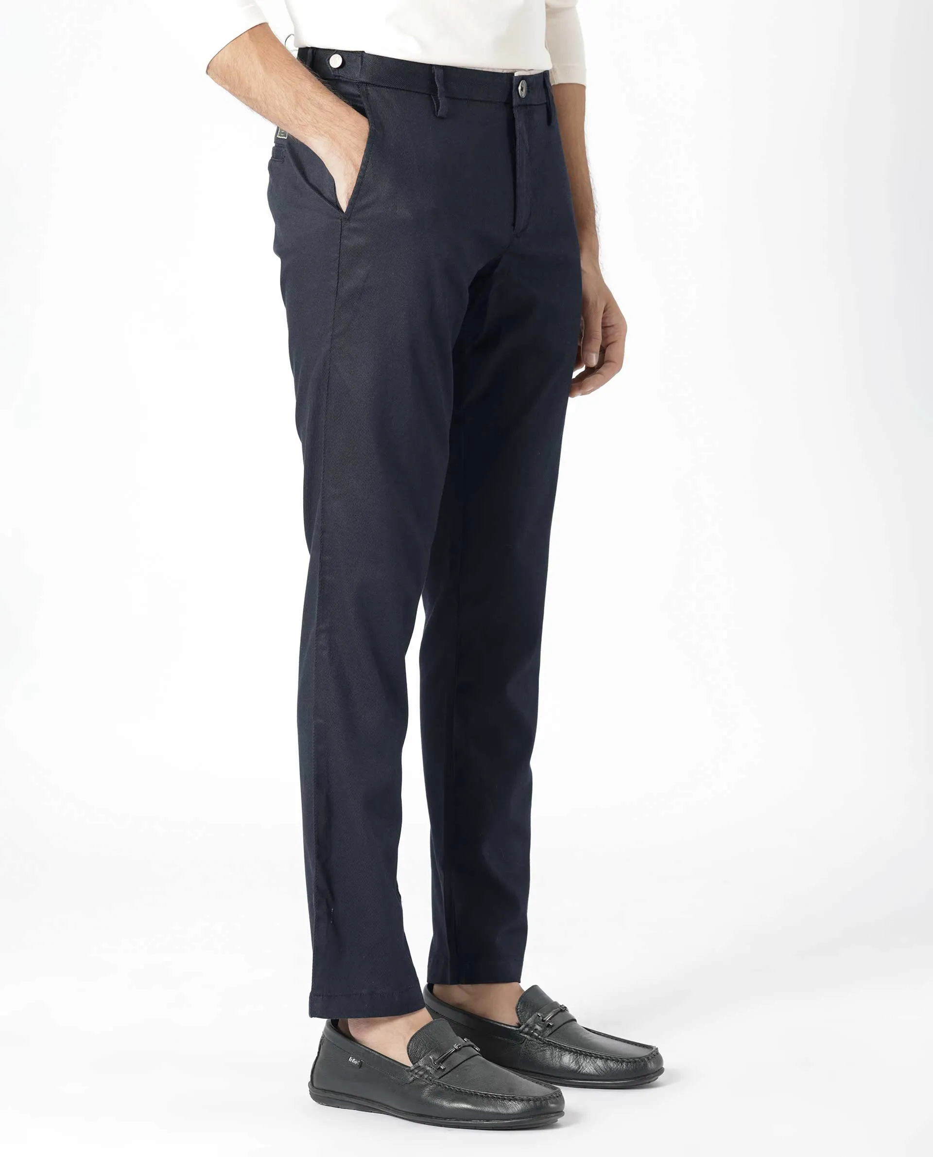 Rare Rabbit Men's Cellular Navy Solid Mid-Rise Regular Fit Twill Trouser