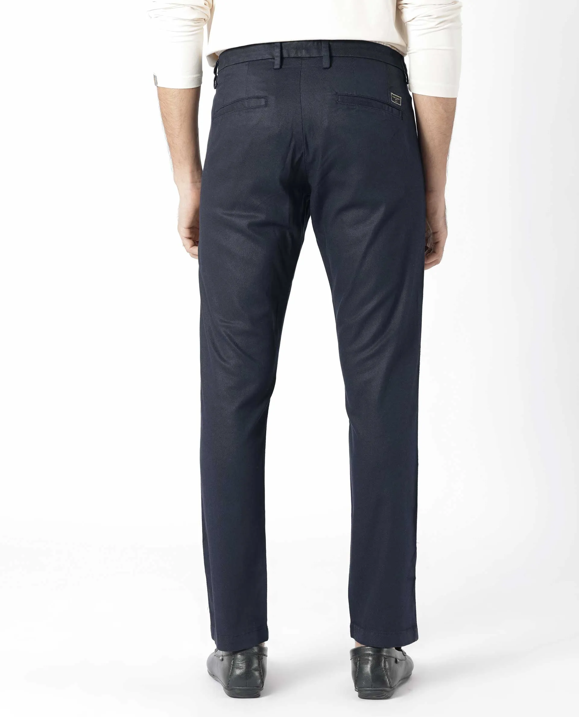 Rare Rabbit Men's Cellular Navy Solid Mid-Rise Regular Fit Twill Trouser
