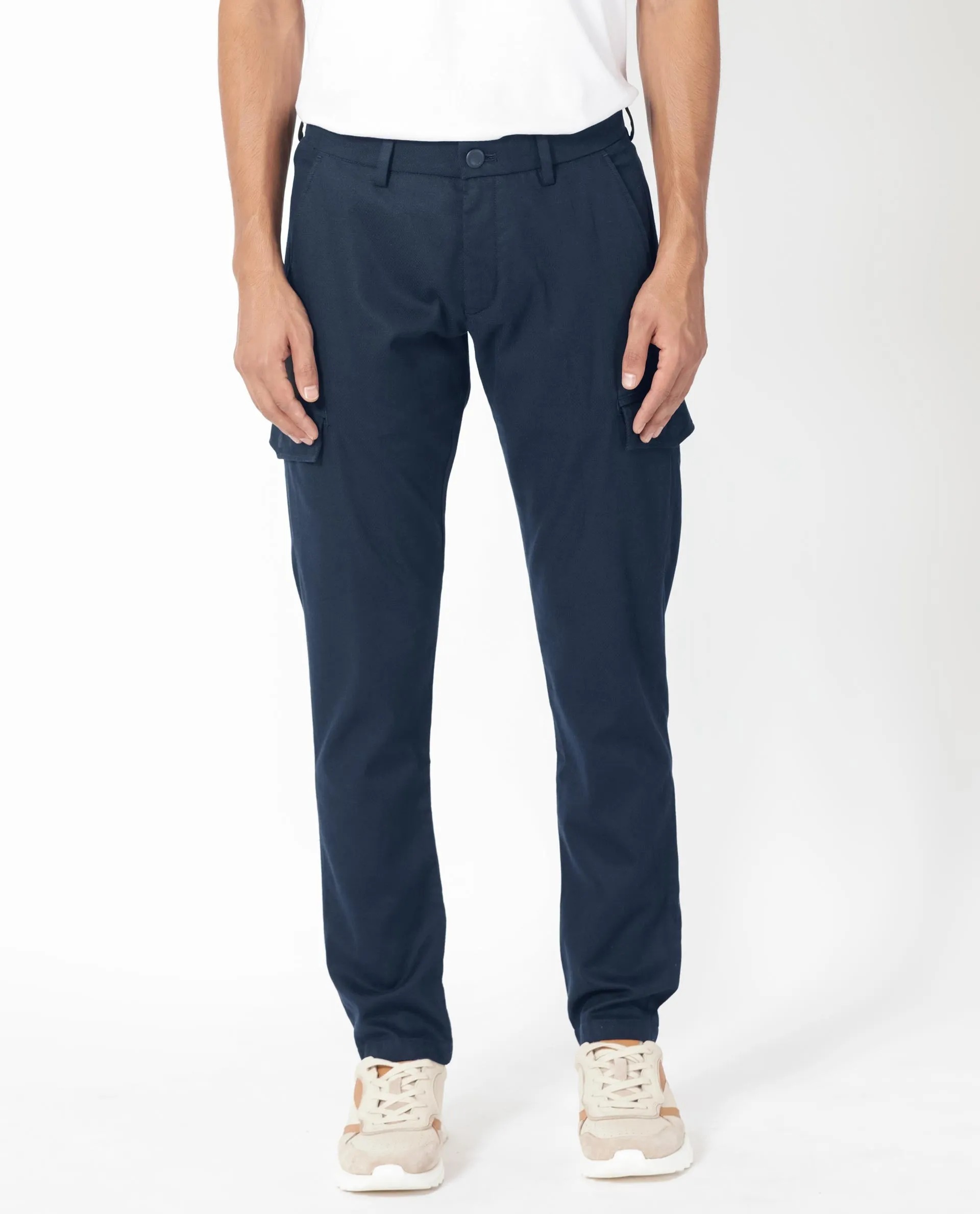Rare Rabbit Men's Curo Navy Solid Mid-Rise Regular Fit Cargo Style Trouser