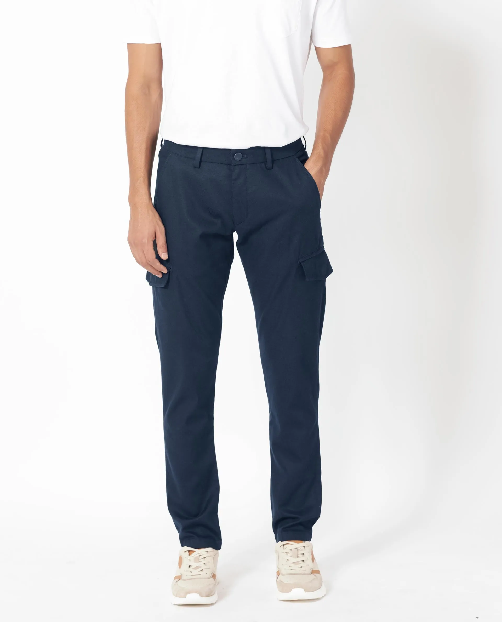 Rare Rabbit Men's Curo Navy Solid Mid-Rise Regular Fit Cargo Style Trouser