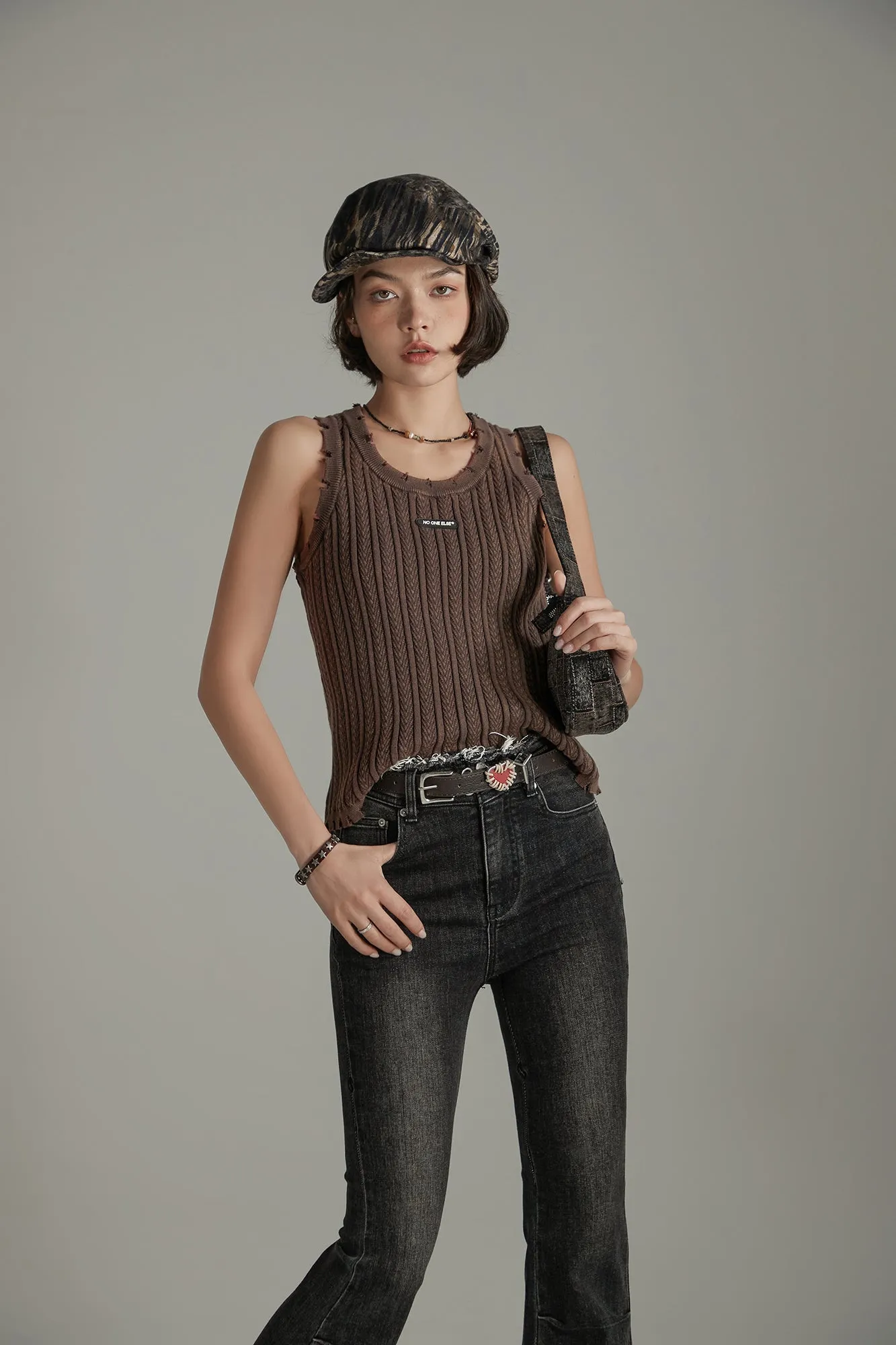 Ribbed Distressed Knit Sleeveless Top