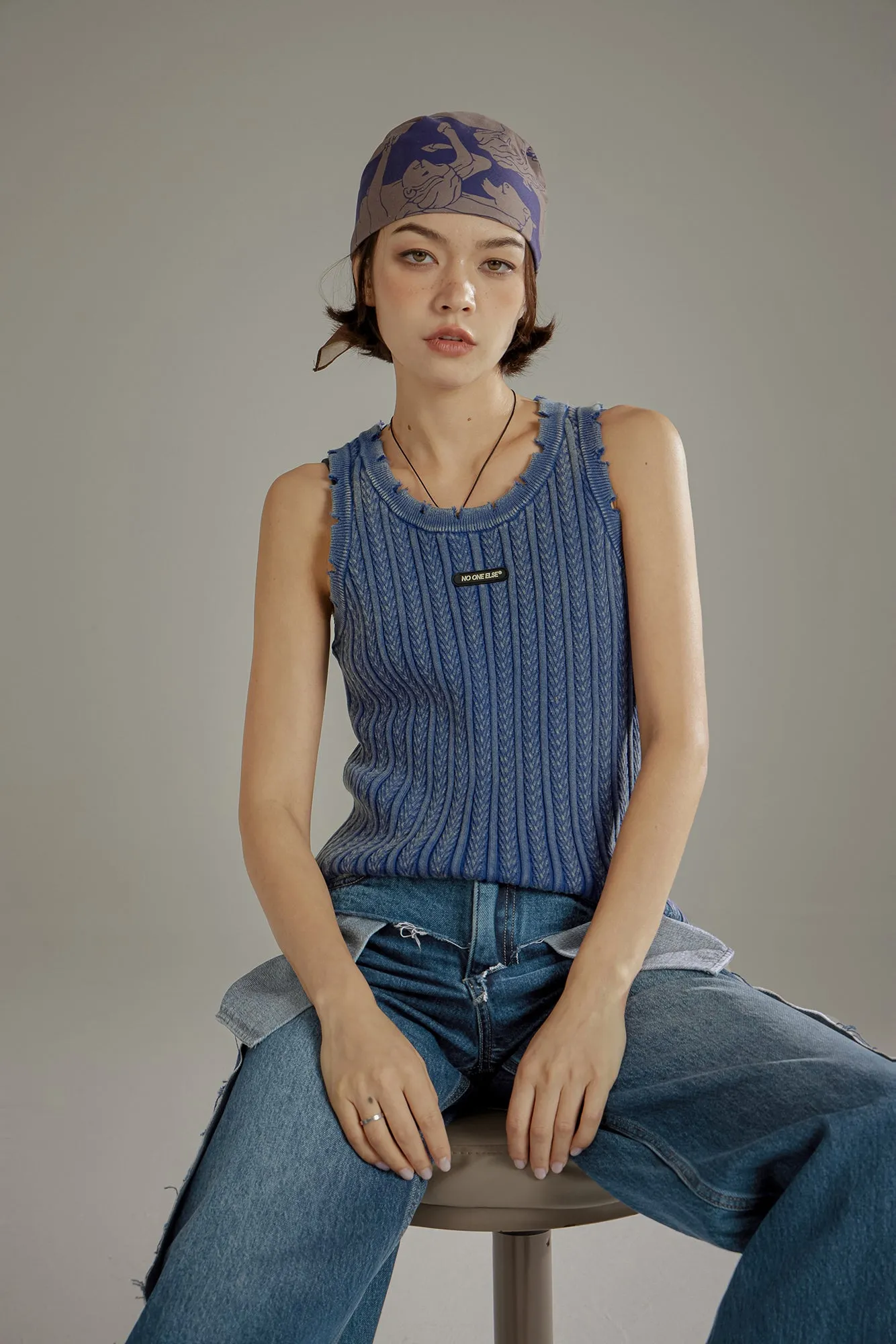 Ribbed Distressed Knit Sleeveless Top