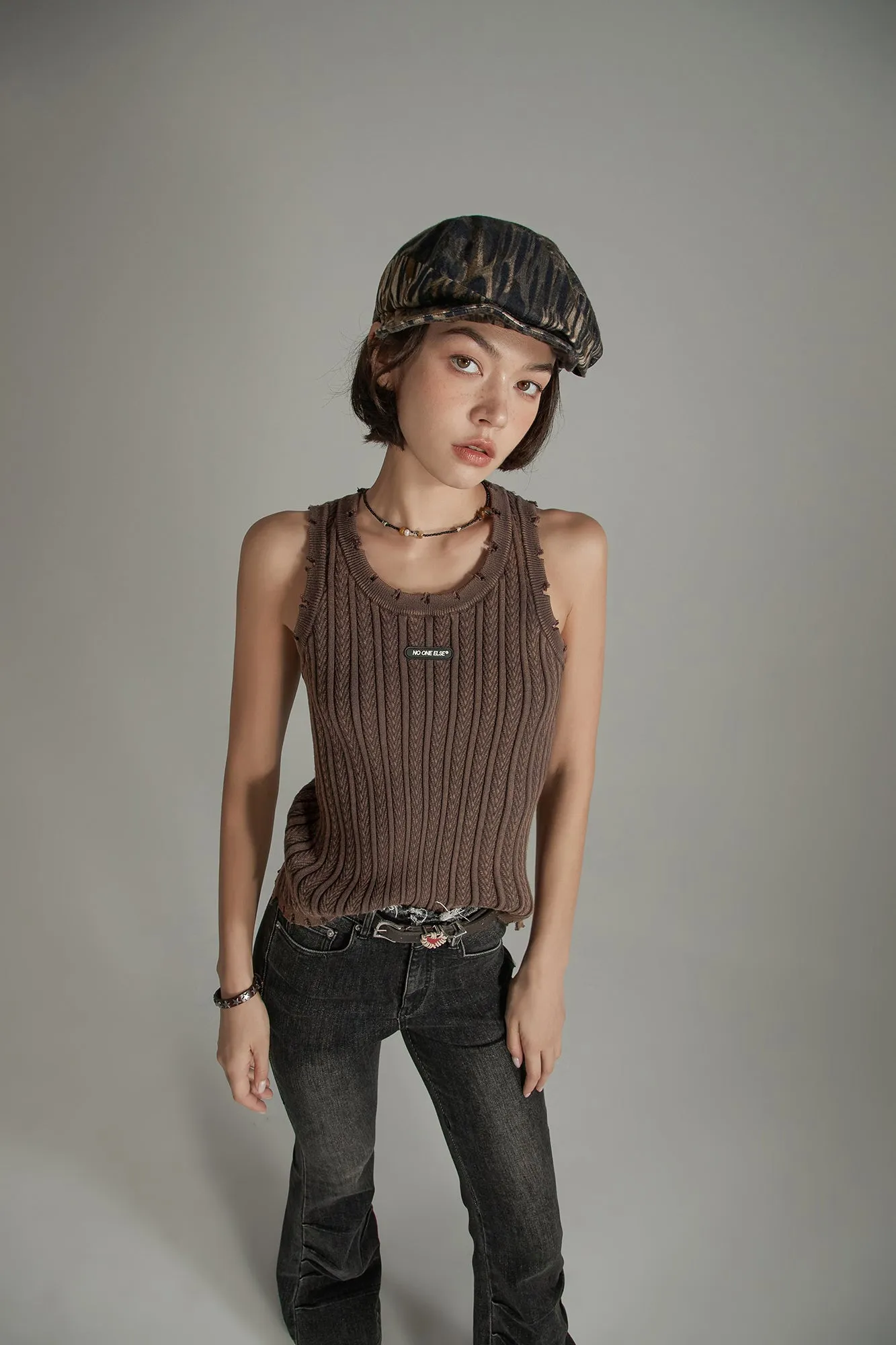 Ribbed Distressed Knit Sleeveless Top