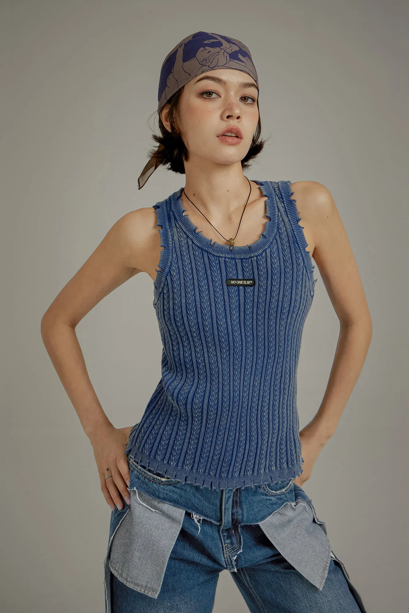 Ribbed Distressed Knit Sleeveless Top