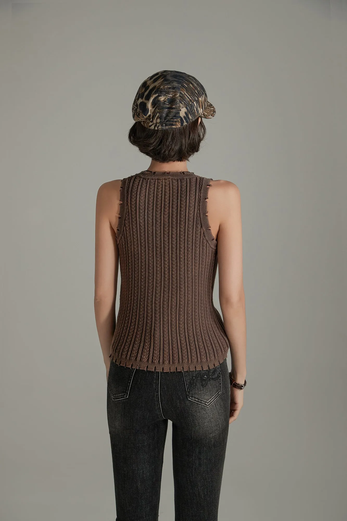 Ribbed Distressed Knit Sleeveless Top