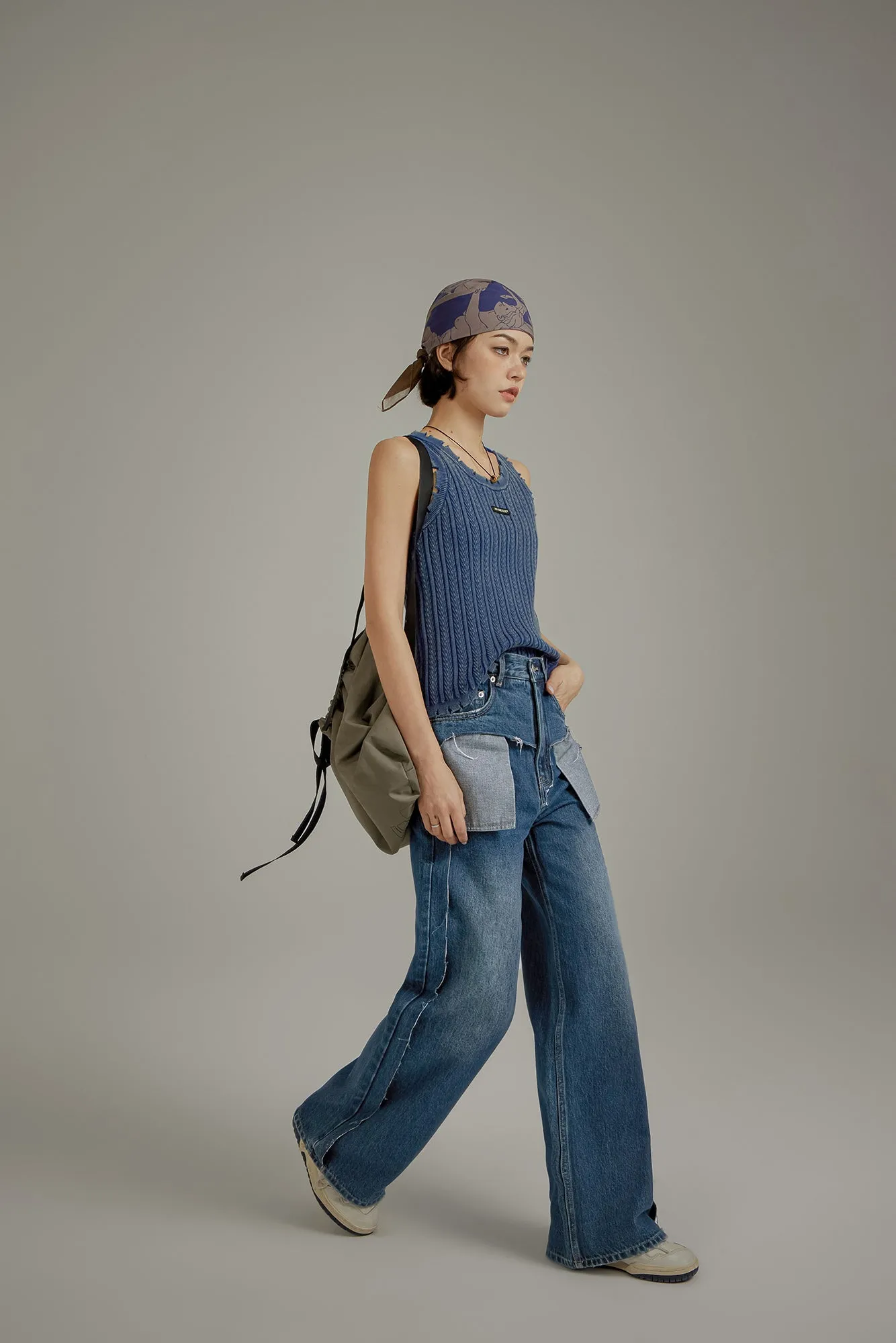 Ribbed Distressed Knit Sleeveless Top