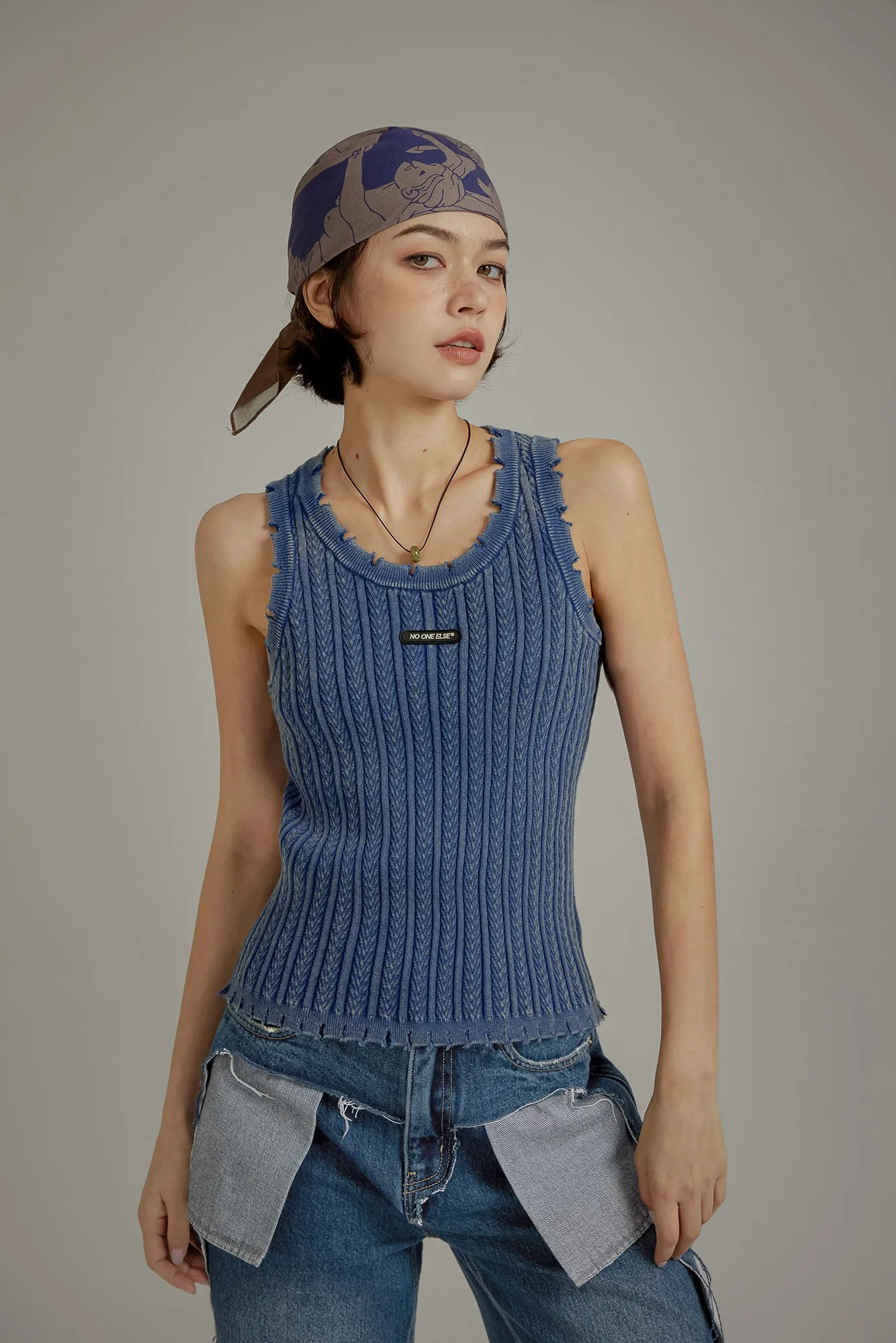Ribbed Distressed Knit Sleeveless Top