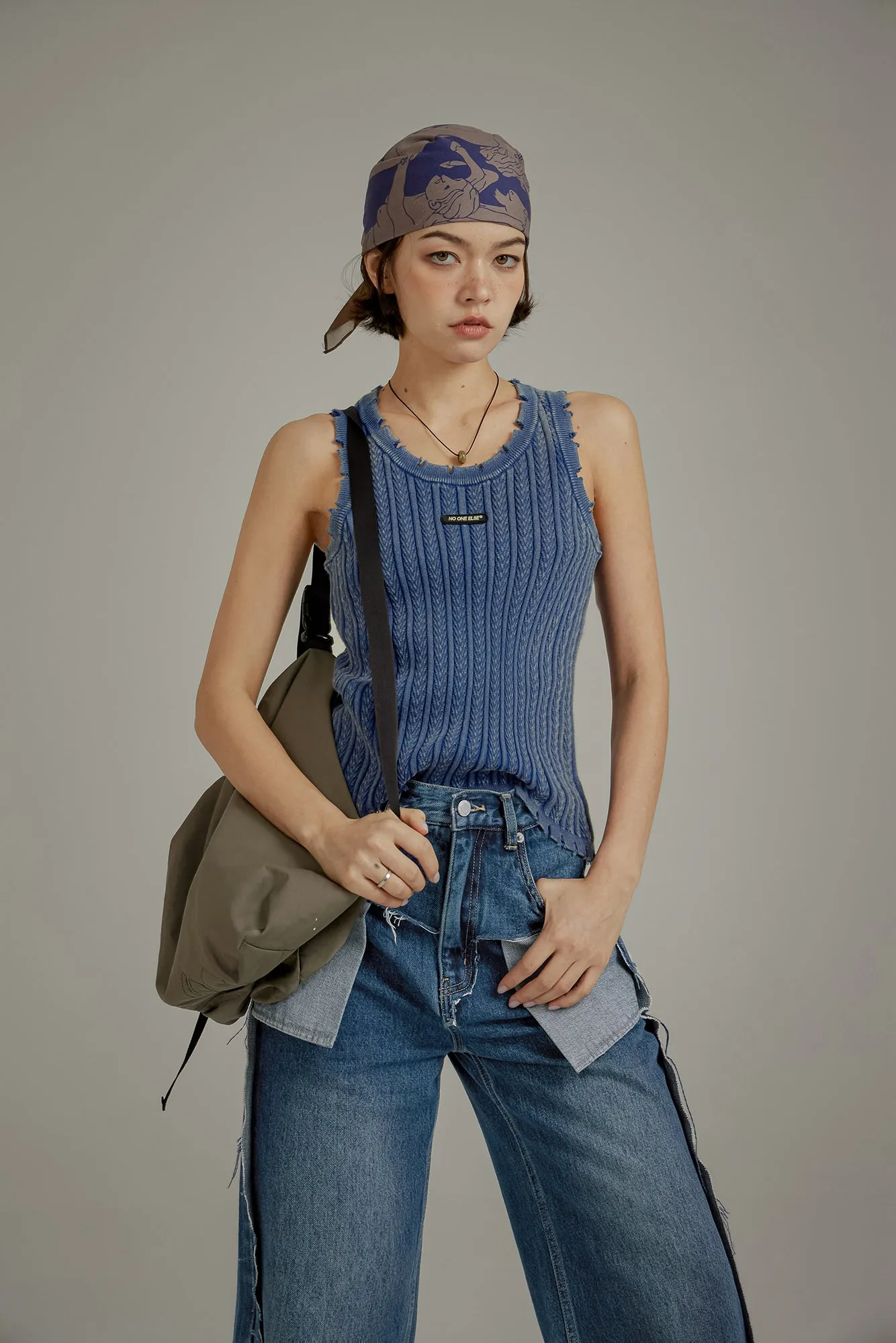 Ribbed Distressed Knit Sleeveless Top
