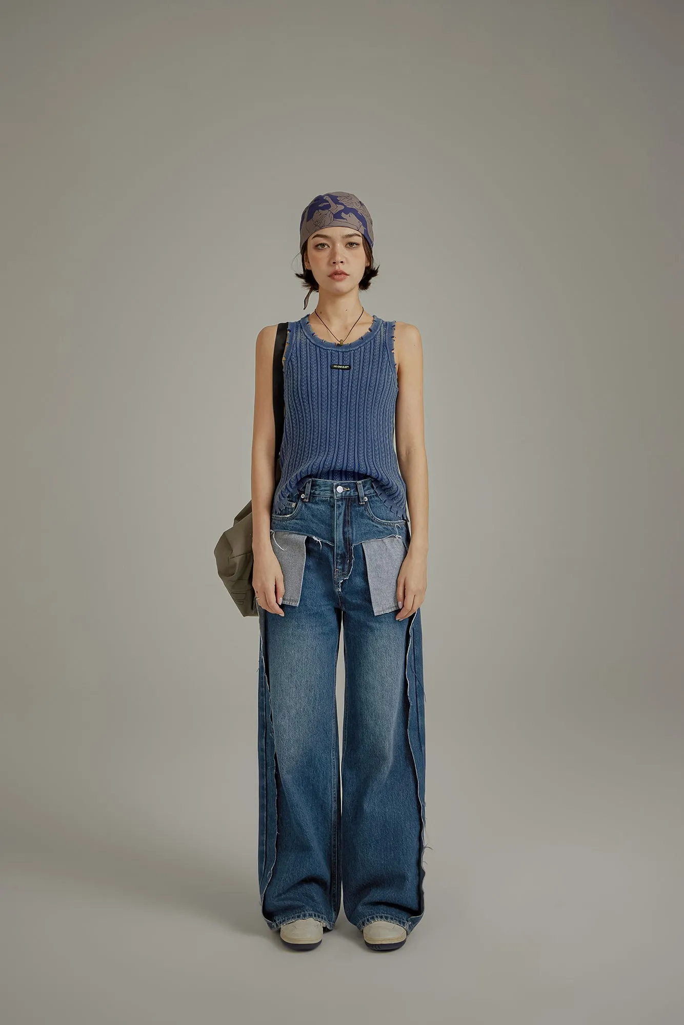 Ribbed Distressed Knit Sleeveless Top
