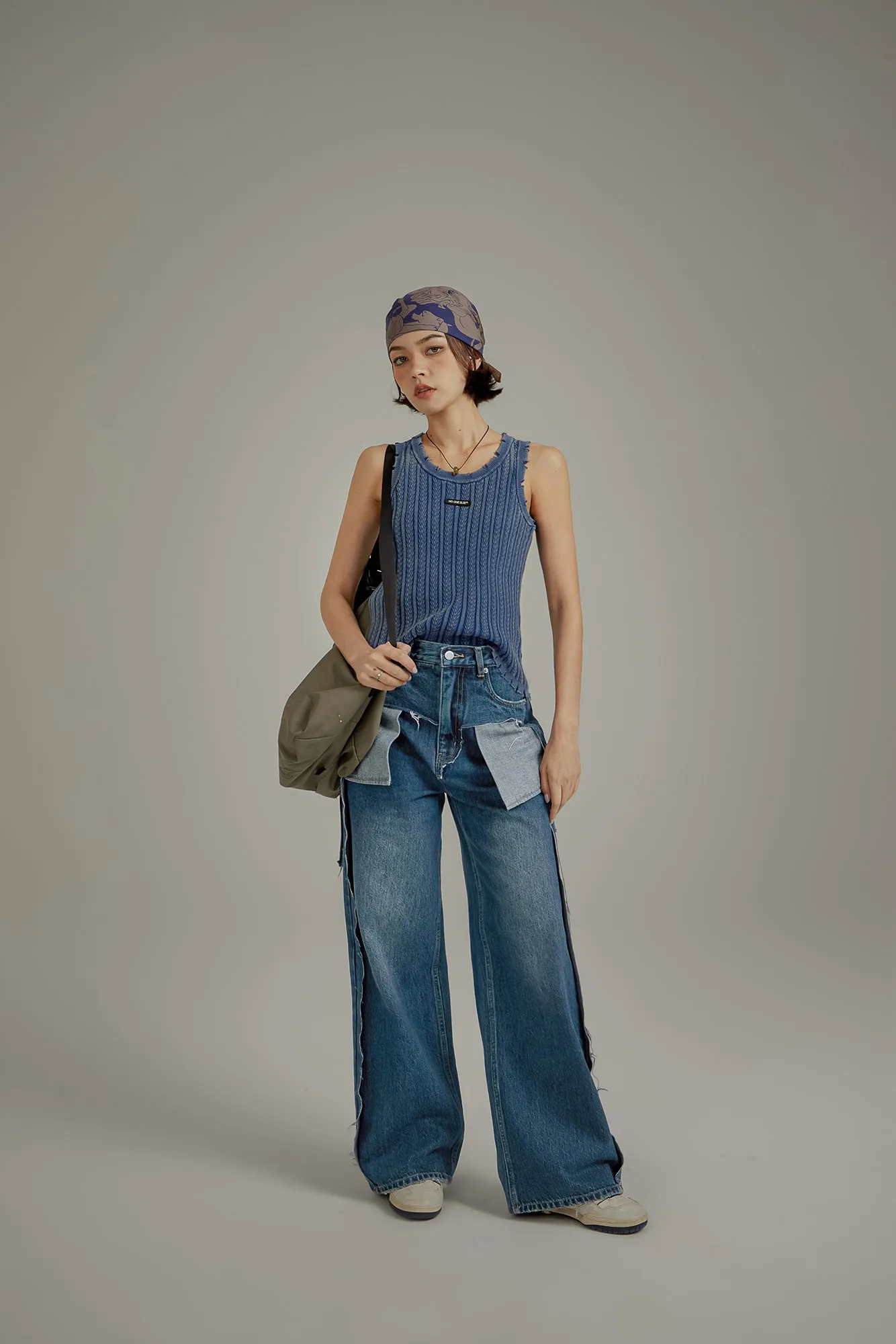 Ribbed Distressed Knit Sleeveless Top