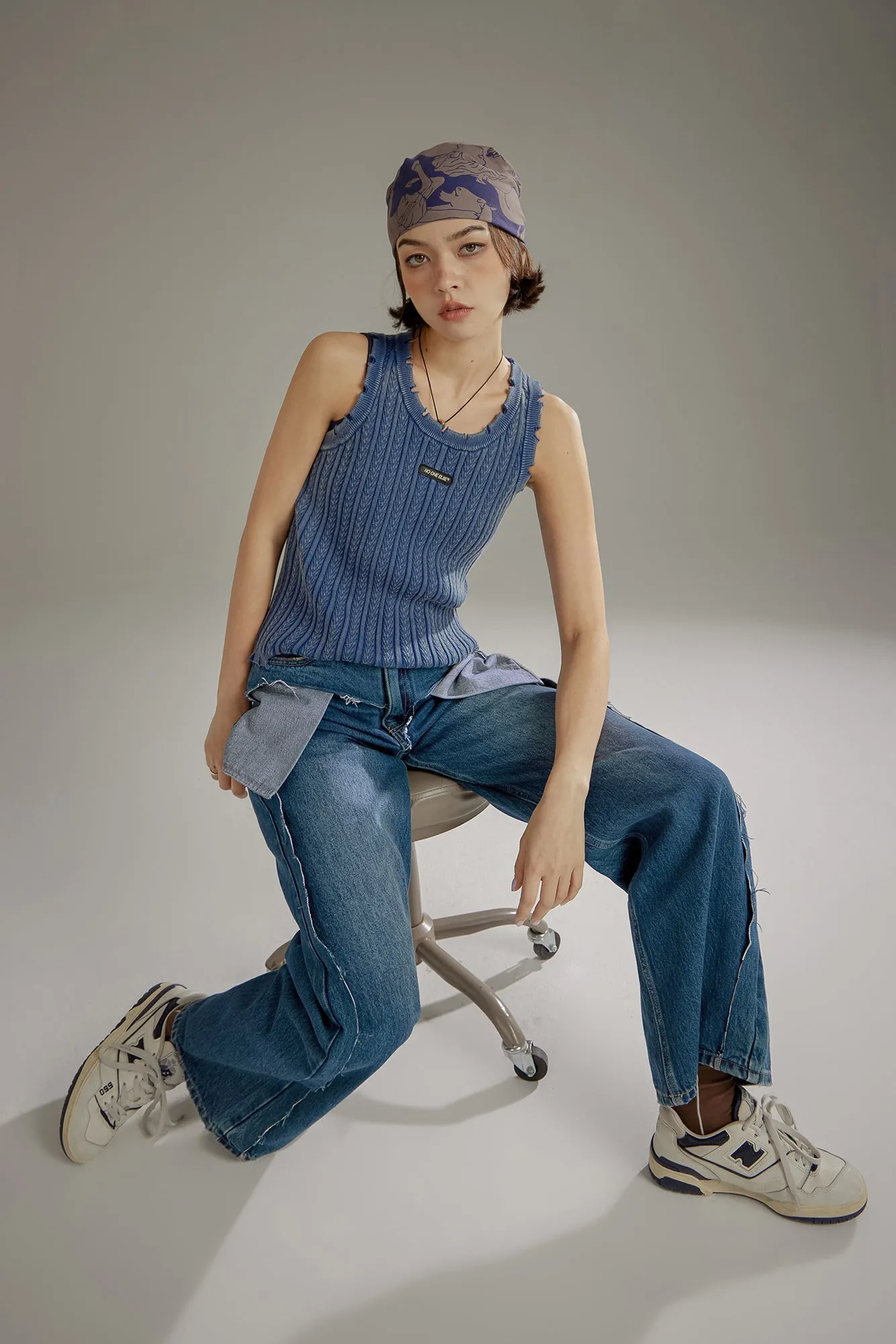 Ribbed Distressed Knit Sleeveless Top