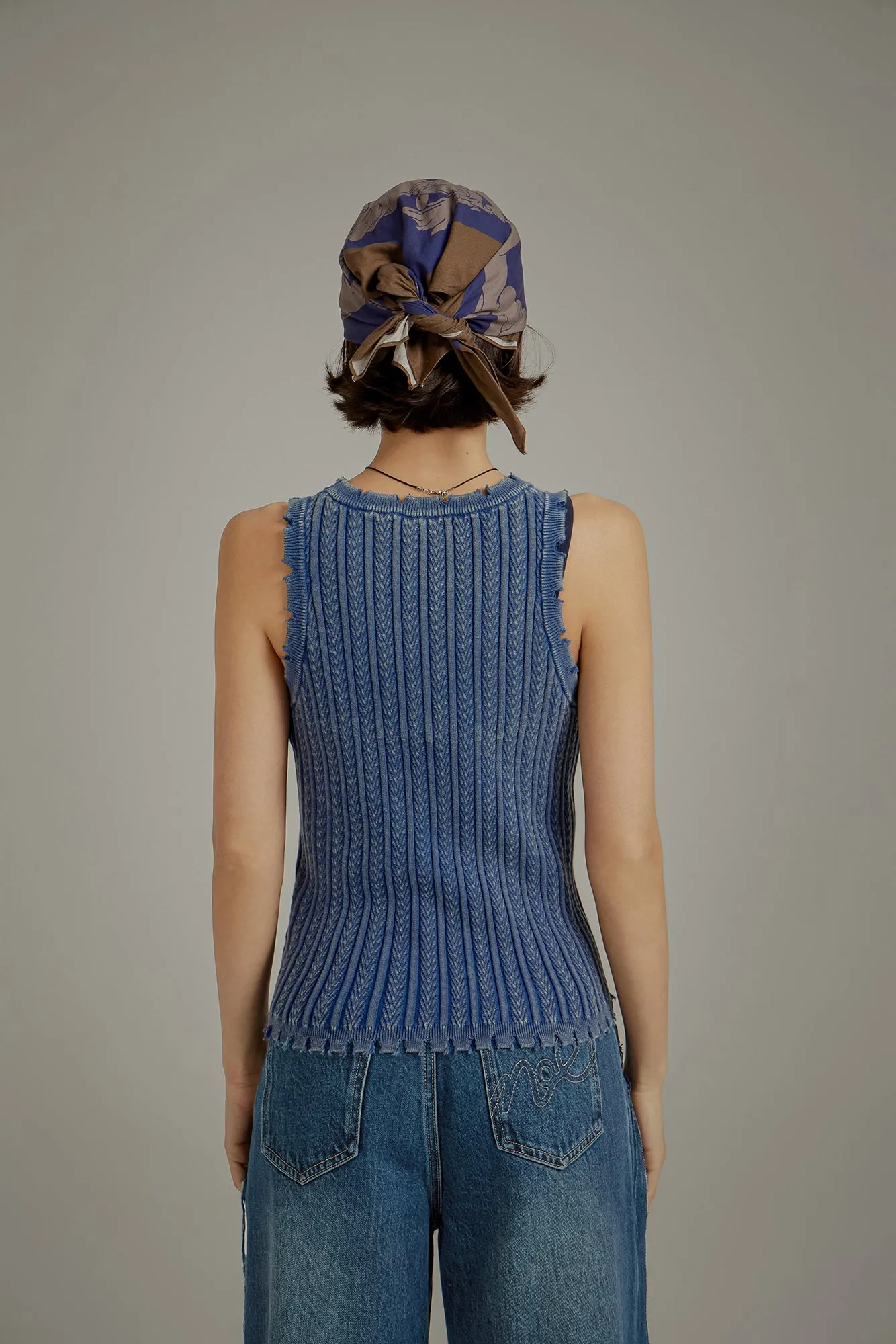 Ribbed Distressed Knit Sleeveless Top