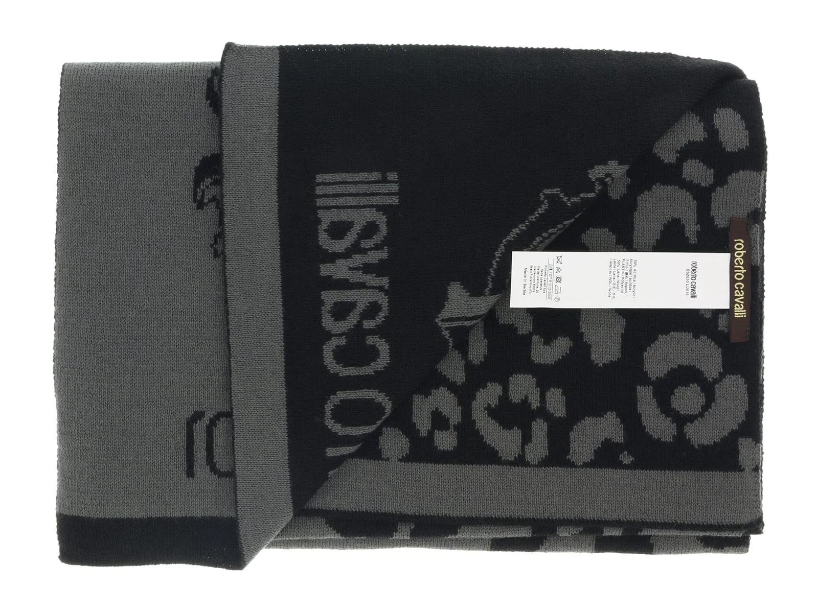 Roberto Cavalli ESZ030 05001 Grey Wool Blend Leopard Print Mens Scarf