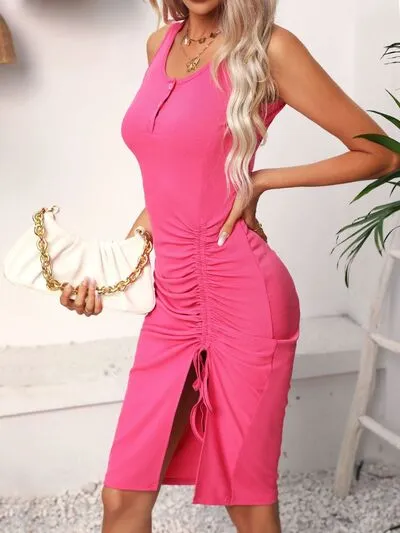 Ruched Drawstring Slit Tank Dress