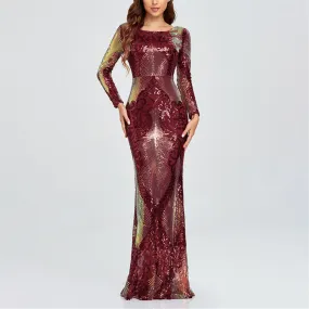 Sexy backless premium sequins mermaid long dress | Long sleeves banquet cocktail party dress evening gowns