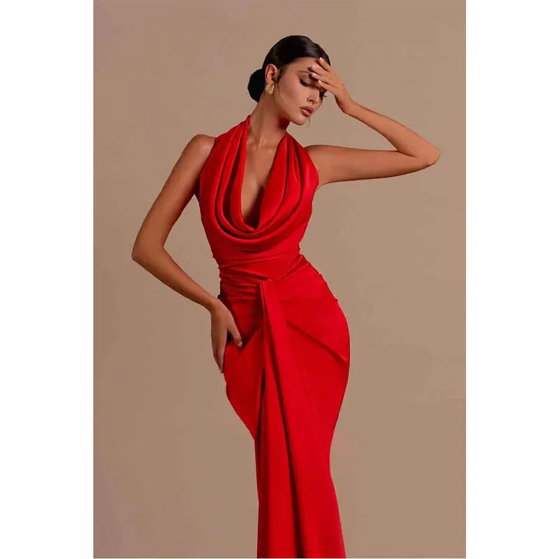 Sexy V Neck Pleats Red Mermaid Long Formal Party Dress