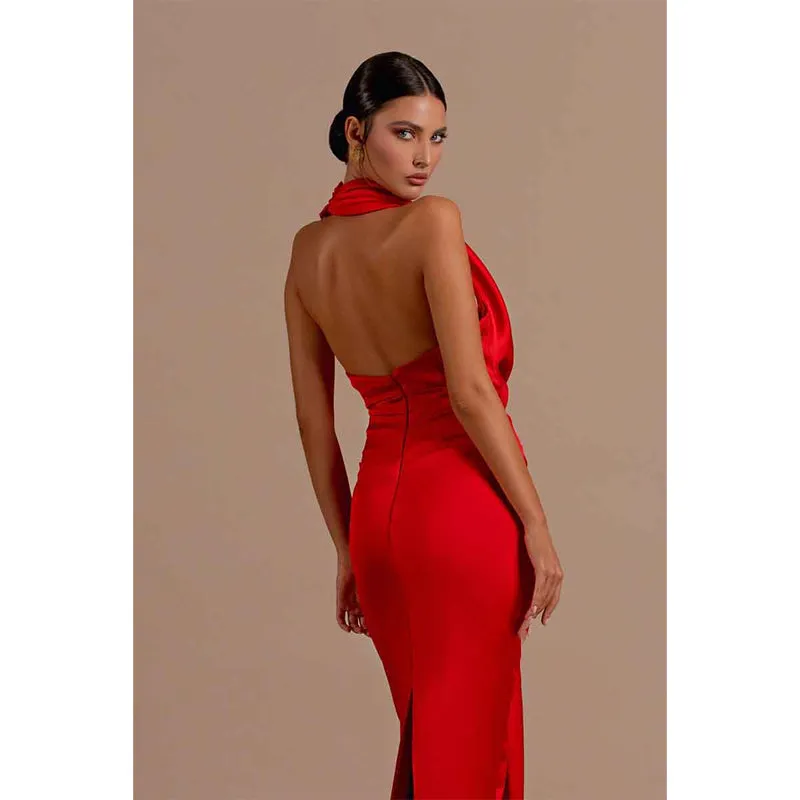Sexy V Neck Pleats Red Mermaid Long Formal Party Dress