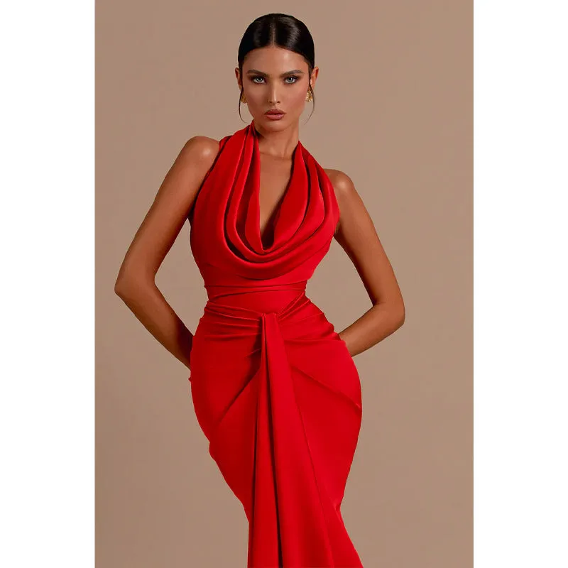Sexy V Neck Pleats Red Mermaid Long Formal Party Dress