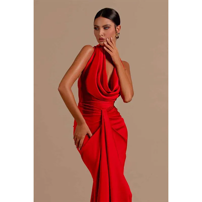 Sexy V Neck Pleats Red Mermaid Long Formal Party Dress