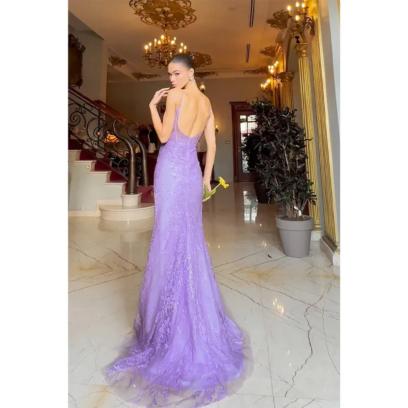 Sheath/column Illusion V Neck Lace Appliques Long Prom Formal Dress with Slit
