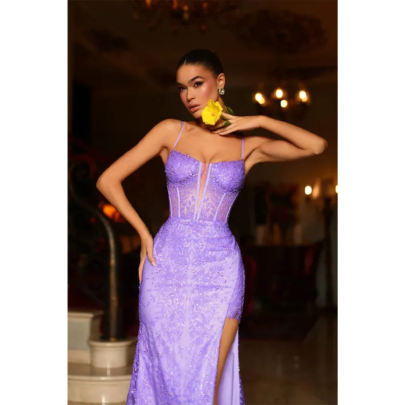 Sheath/column Illusion V Neck Lace Appliques Long Prom Formal Dress with Slit