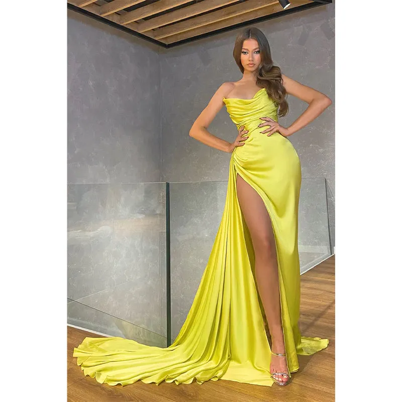 Sheath/column Pleats Strapless Satin High Slit Long Prom Evening Dress