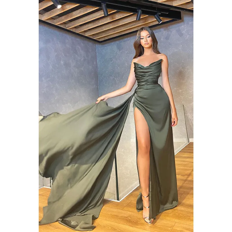 Sheath/column Pleats Strapless Satin High Slit Long Prom Evening Dress
