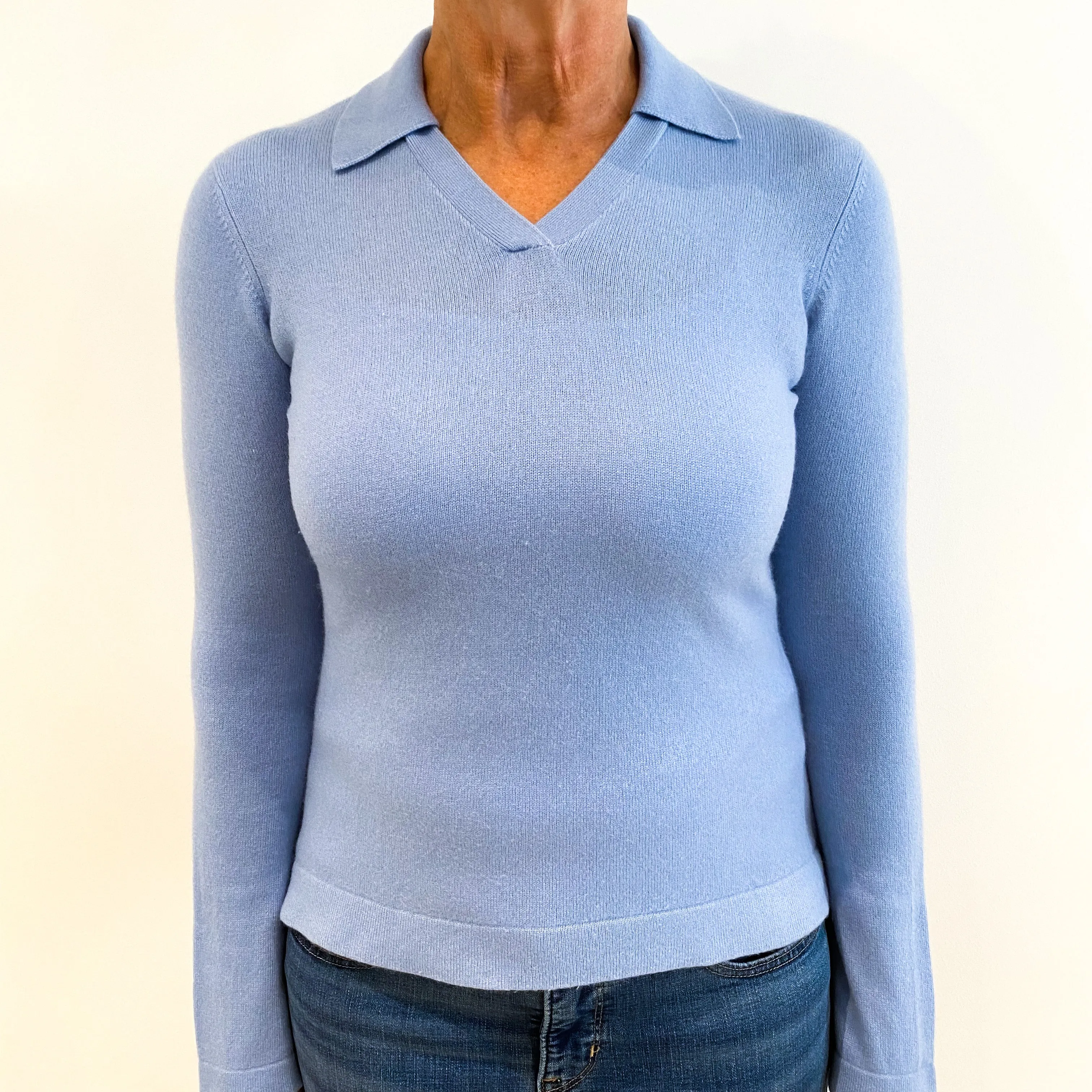 Sky Blue Collared Cashmere V-Neck Jumper Medium