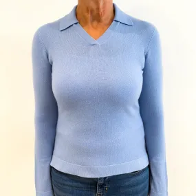 Sky Blue Collared Cashmere V-Neck Jumper Medium