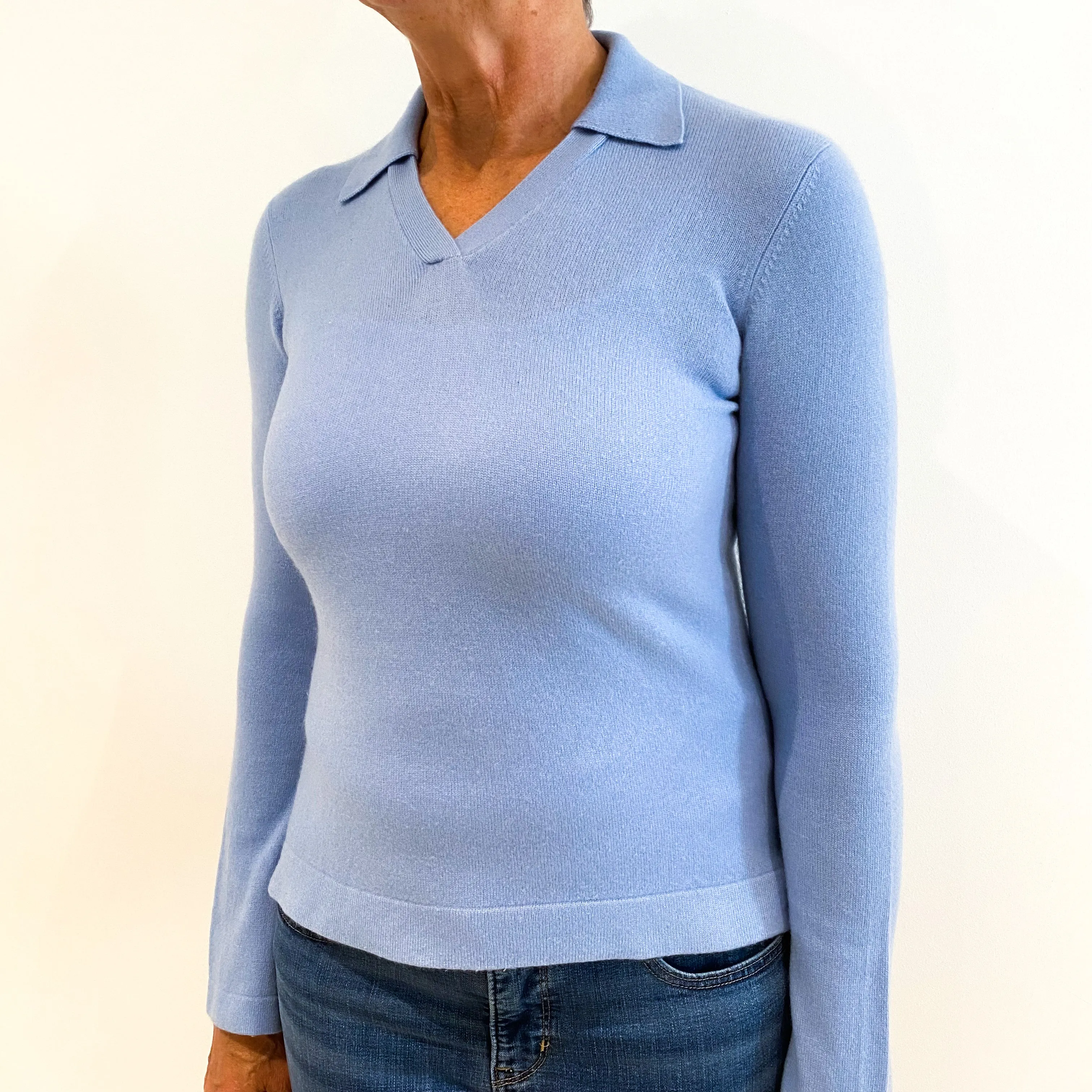 Sky Blue Collared Cashmere V-Neck Jumper Medium
