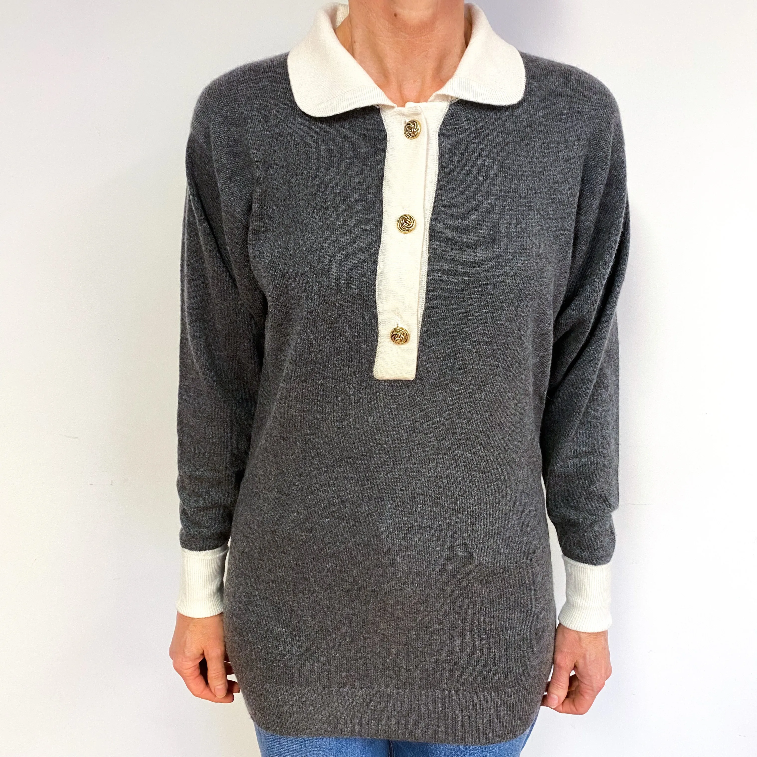 Slate Grey And Cream Cashmere Crew Neck Jumper Medium