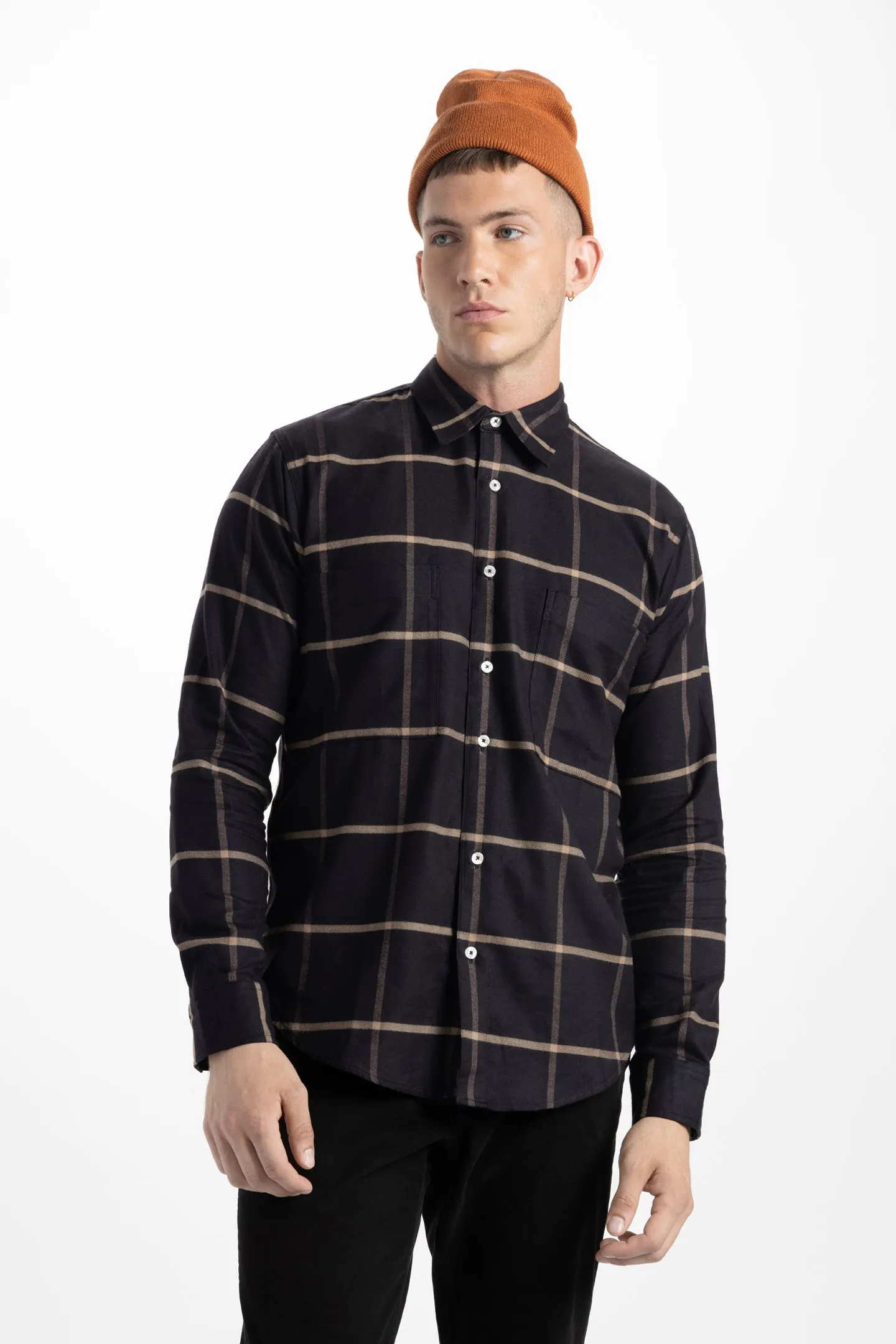 Soft Cloth Doheny Patch Pocket Shirt in Italian Woven - Black Plaid