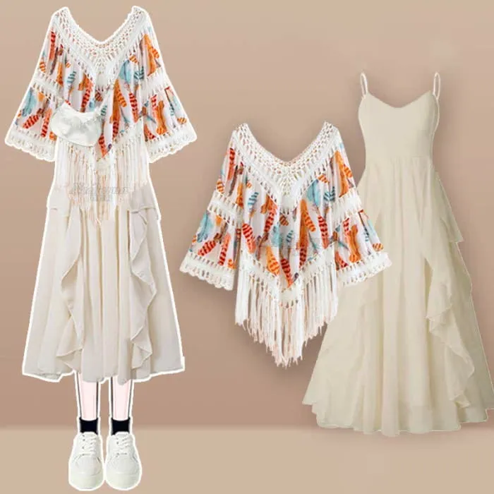 Sweet Boho Print Fringed Hollow Out Shirt Pleated Skirt Slip Dress