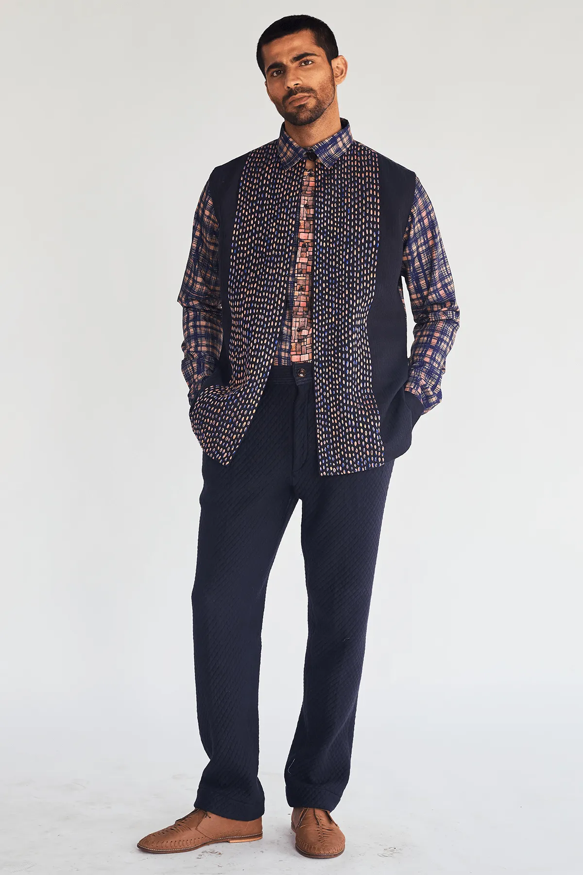 Textured Bandi Jacket with Printed Shirt and Quilted Trousers