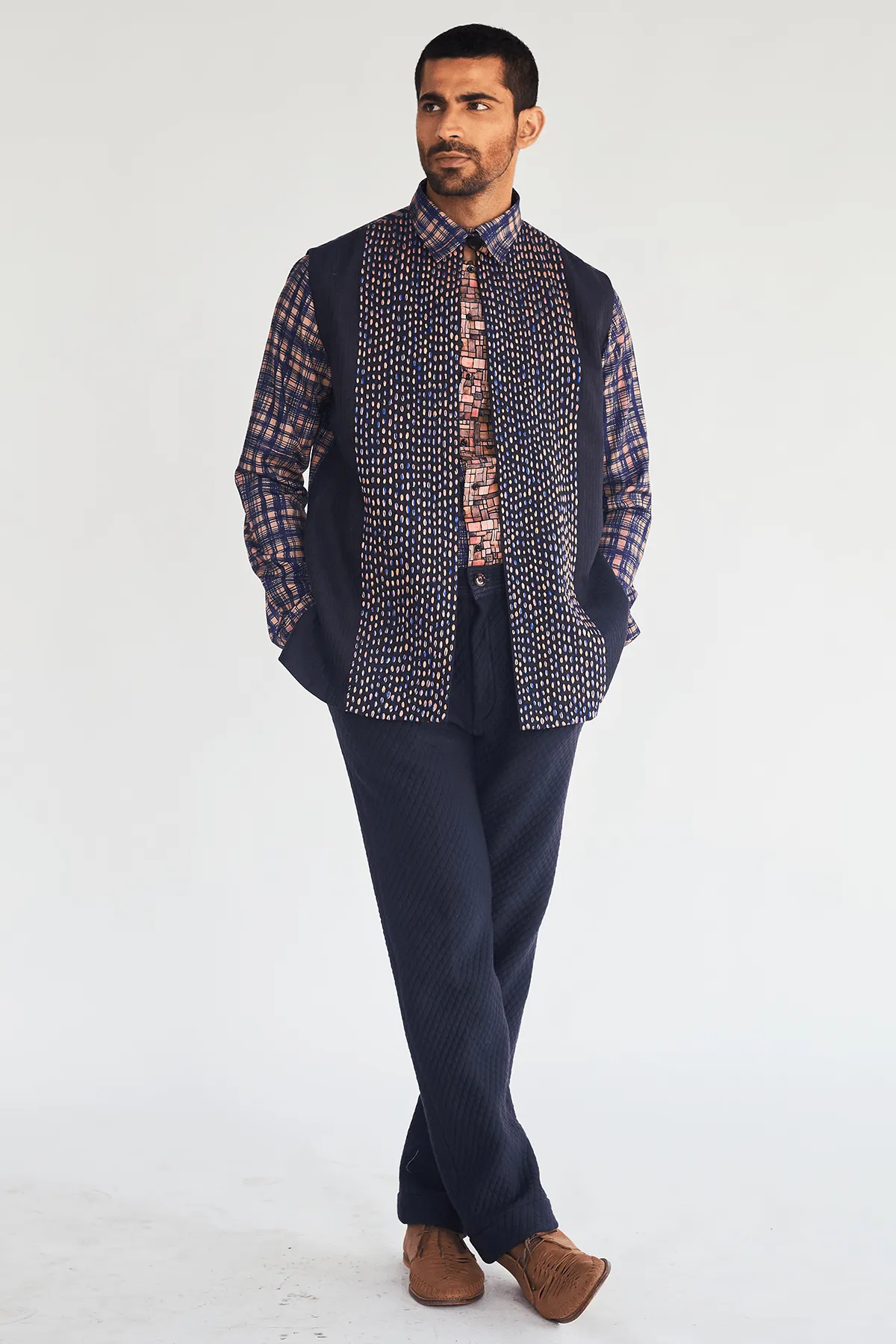 Textured Bandi Jacket with Printed Shirt and Quilted Trousers